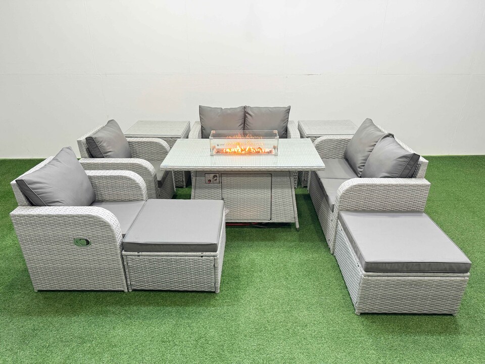 image 1 of Fimous 8 Seater Outdoor Reclining Chair Love Sofa Set Rattan Garden Furniture Set with Firepit Dining Table 2 Big FootStools  2 Side Table Light Grey