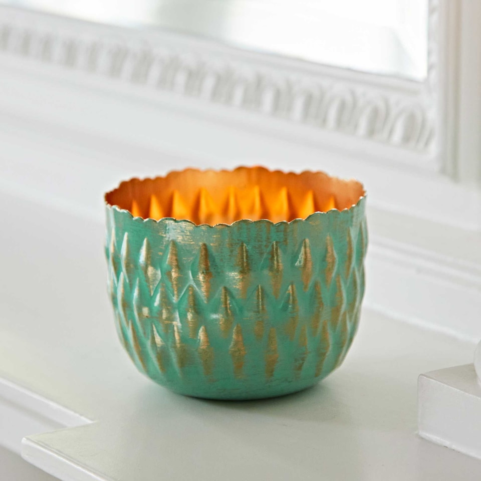 image 1 of Turquoise and Gold Metal Tea Light Holder