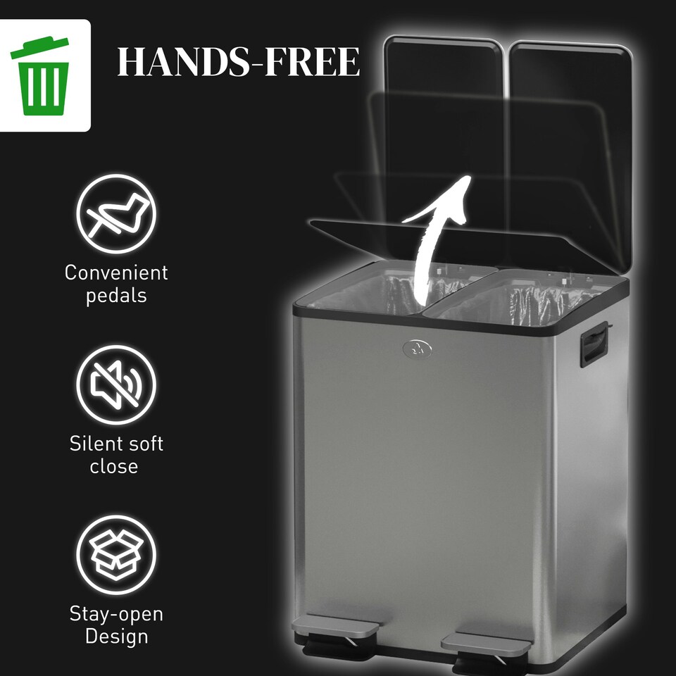 image 1 of HOMCOM 2 x 20L Dual Kitchen Bin Pedal Bin for Recycling and Waste, Silver Black | 40L