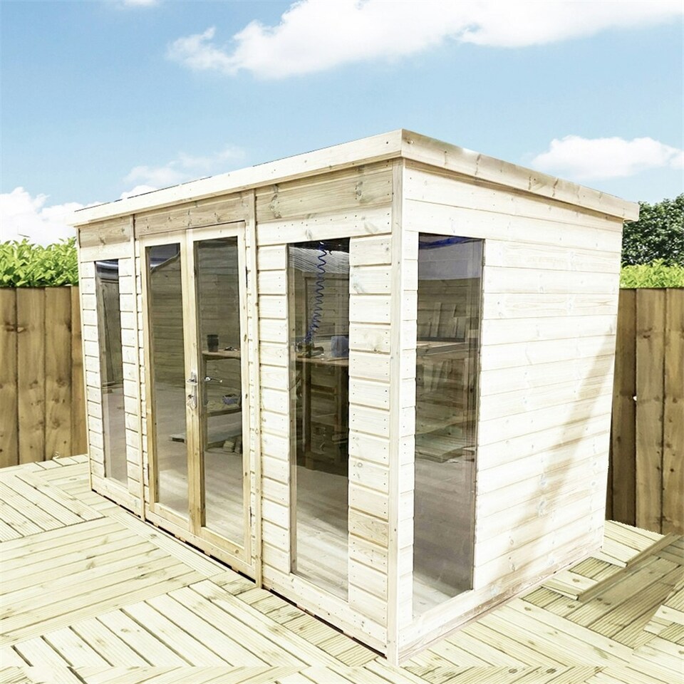 image 1 of 14 x 7 PENT Pressure Treated Tongue And Groove Pent Summerhouse with Higher Eaves and Ridge Height (14' x 7' / 14ft x 7ft) (14x7)
