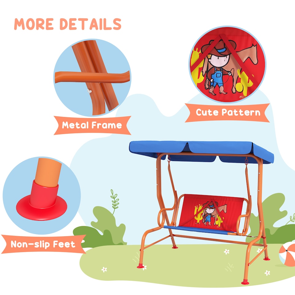 image 1 of Outsunny 2 Seater Kids Swing Chair, Cowboy Themed with Adjustable Canopy