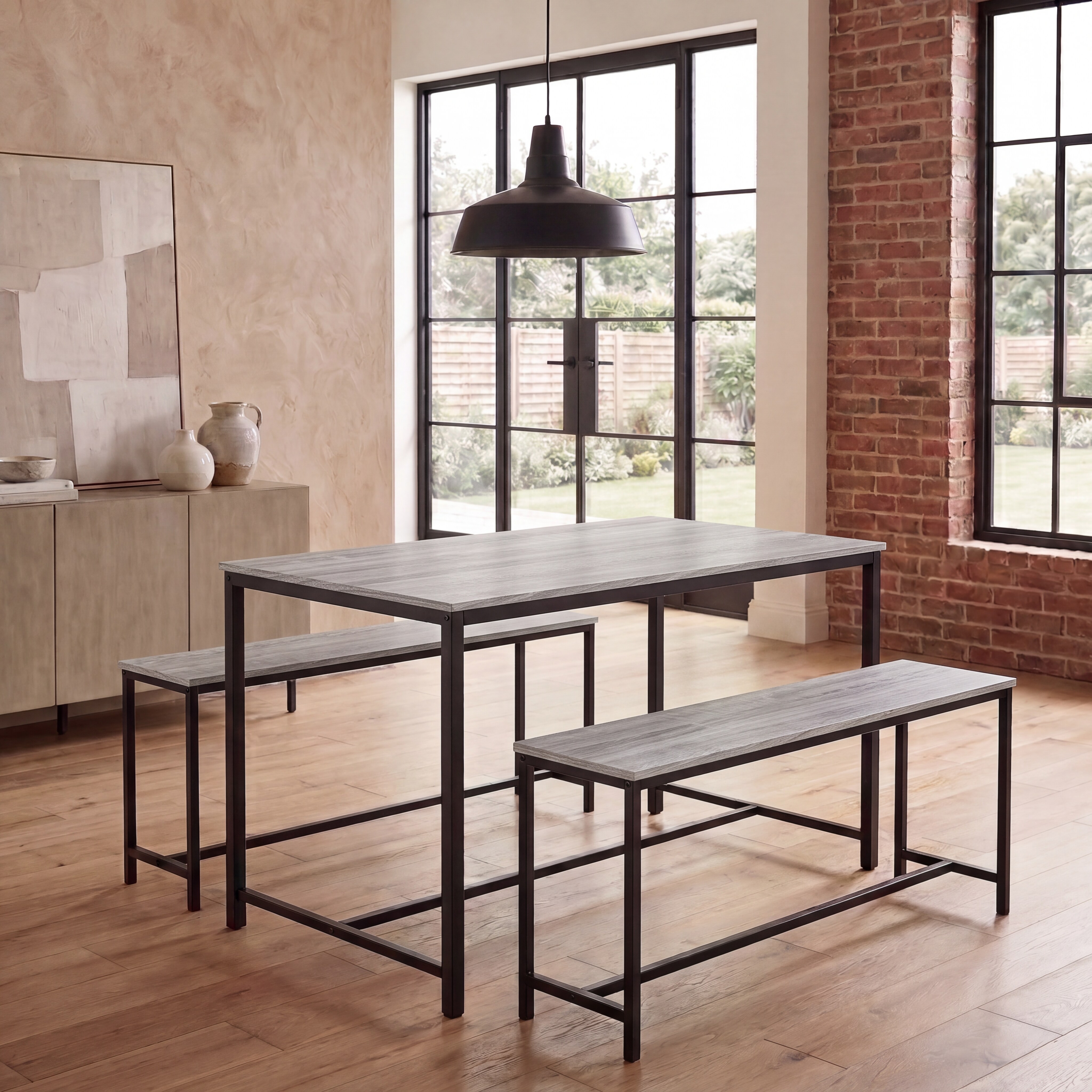 Vida Designs Brooklyn 4 Seater Dining Set 3 Piece Table & Bench Set, Grey