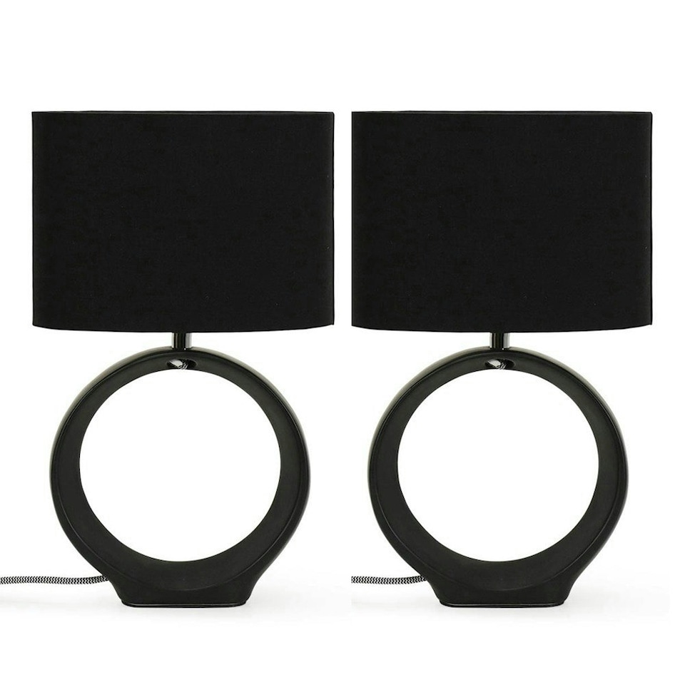 image 1 of ValueLights Tia Pair of Black Hoop Ceramic Bedside Table Lamps with a Fabric Lampshade - Bulbs Included