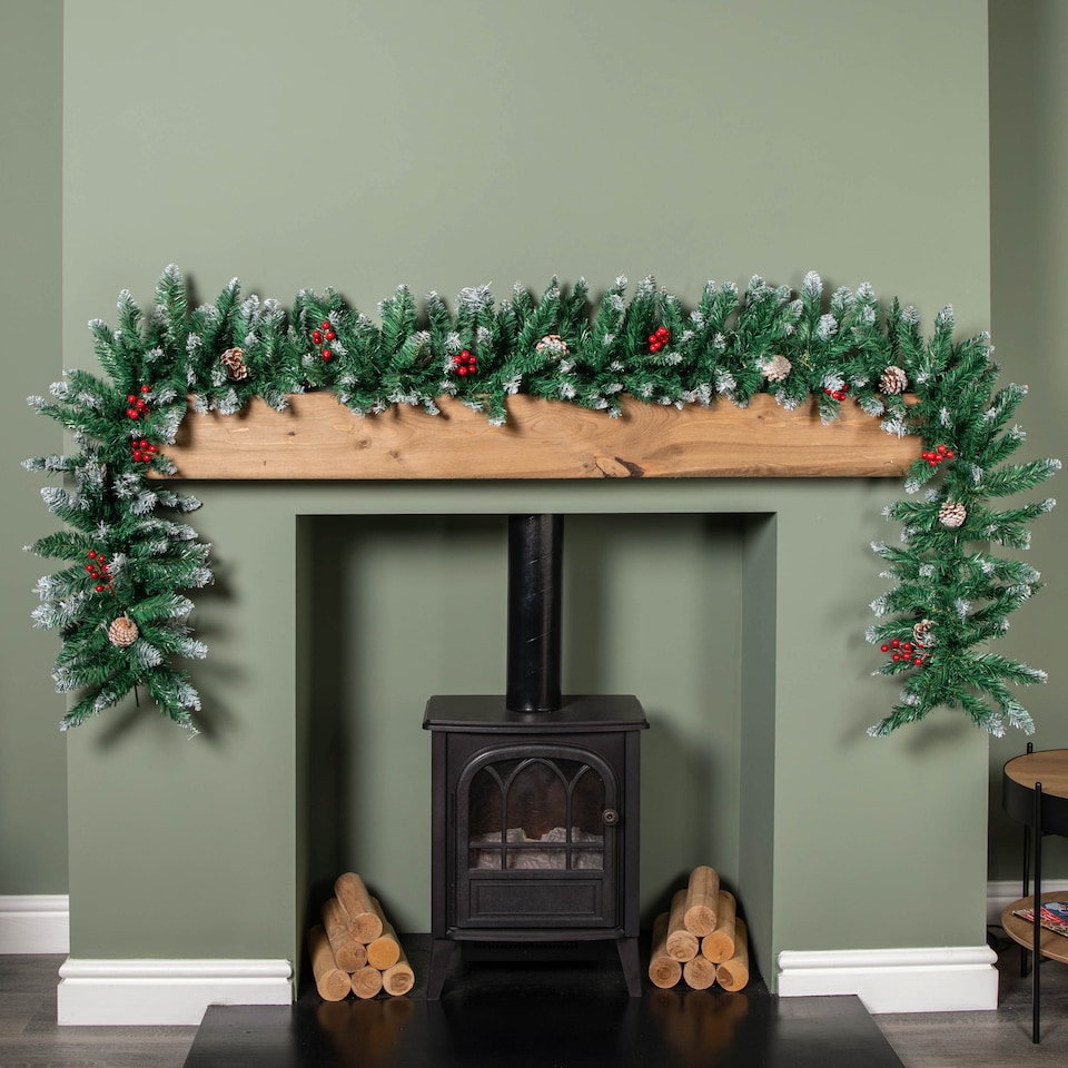 image 1 of 2.7m Snow Tipped Christmas Garland with Red Berries, Cones & Bullet Tips