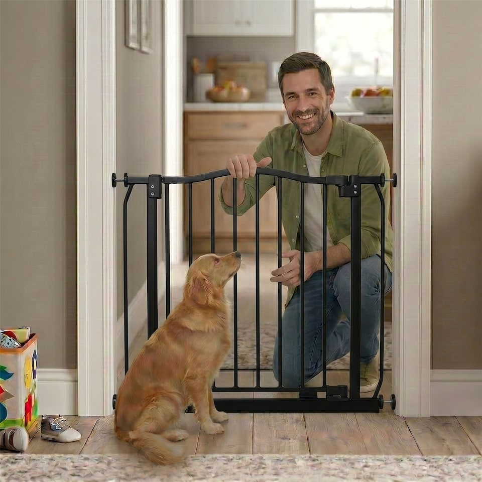 image 1 of Safetots Curved Top Safety Gate, 71cm - 80cm, Matt Black, Pressure Fit Stair Gate