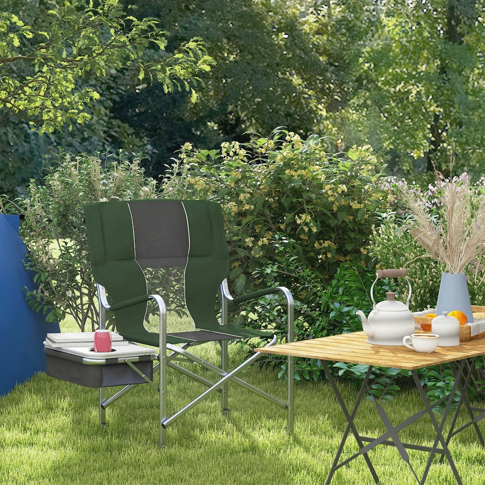 image 1 of Outsunny Folding Directors Chair Aluminium Camping Chair with Cooler Bag Green