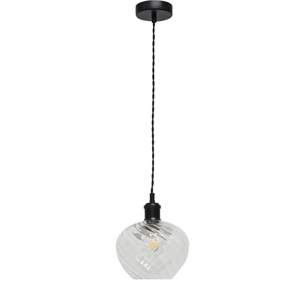 First Choice Lighting Bradson - Clear Swirl Glass Black Retro Pendant Fitting