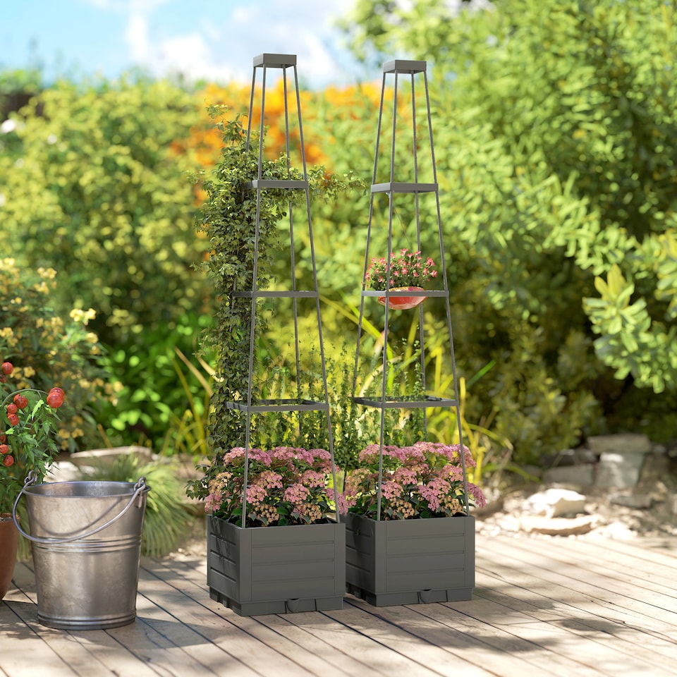 image 1 of Outsunny 2 Pack Raised Garden Bed with Trellis and Removable Drainage Tray | Grey | Grey