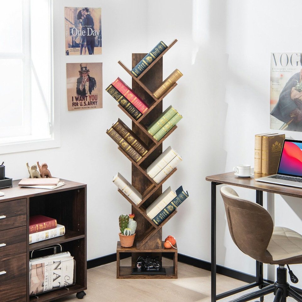 image 1 of COSTWAY 10 Tiers Bookshelf Display Bookcase with Drawer Brown Brown