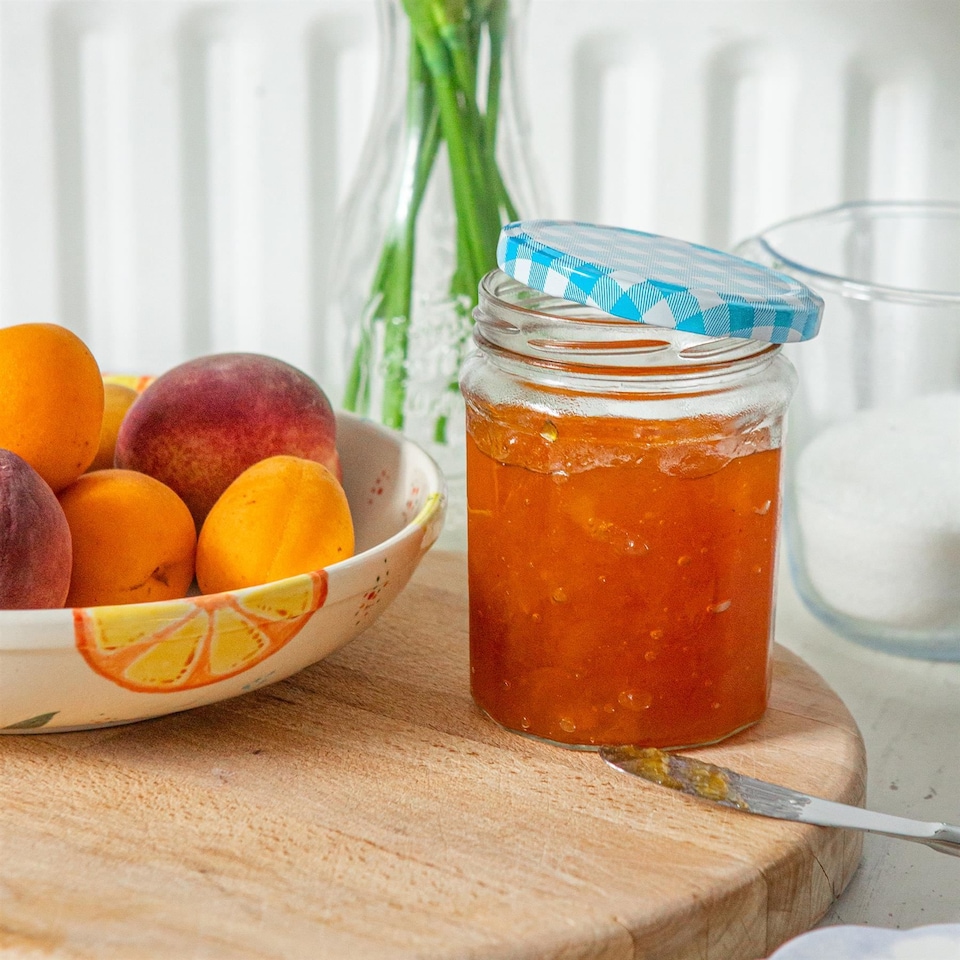 image 1 of Argon Tableware Glass Jam Jars with Blue Gingham Lids - 380ml - Pack of 6
