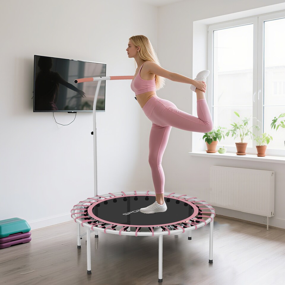 image 1 of SPORTNOW 40" Fitness Trampoline, Mini Rebounder Trampoline for Adults with 5-Level Adjustable Handle, Indoor Exercise Bungee Rebounder, Max Load 100KG, Pink | Pink