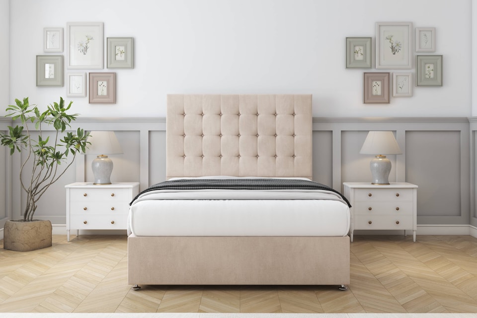 image 1 of Sloomy Alabama Sand Naples Divan Bed Base 2 Drawers Same Side With 26 Inch Strutted Headboard | Cream | Sand | Single | 1