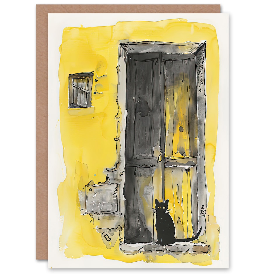 image 1 of Greeting Card Black Cat in Doorway Rustic Yellow Watercolour Birthday