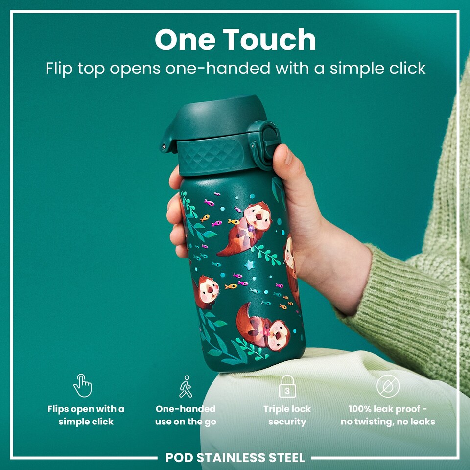 image 1 of Leak Proof Kids Water Bottle, Stainless Steel, 400ml (13oz) | Blue | Otters | One Size