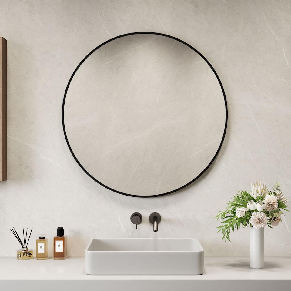 image 1 of Neo 70cm Black Round Metal Frame Wall Mirror Float Glass HD Reflection Anti Rust Moisture Proof Wall Mounted Bathroom Bedroom Hallway Living Room Vanity | Black | Black