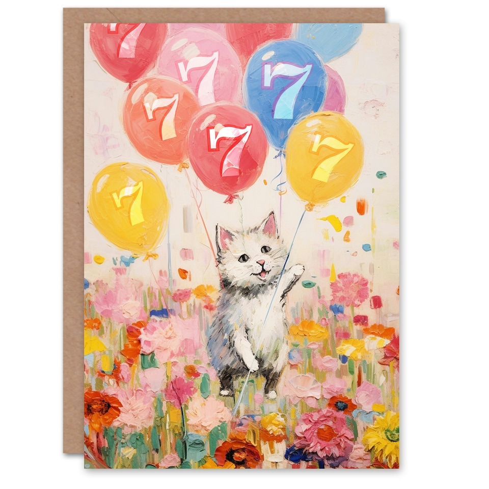 image 1 of Flowers Kitty Balloons Age 7 Year Old Cat Child Kids 7th Birthday Card