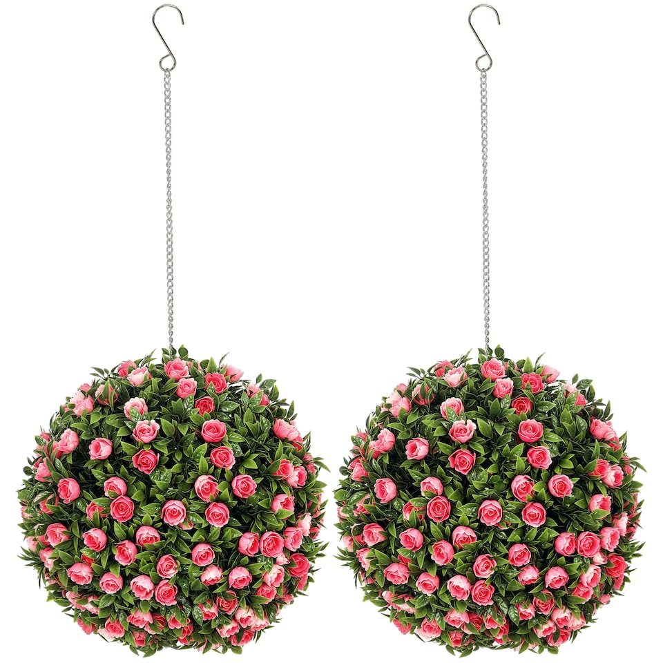 image 1 of HOMCOM Set of 2 Decorative Artificial Plants, UV-protected Artificial Plant Topiary Rose Balls, Fake Plants for Home Indoor outdoor Decor, 28cm, Pink