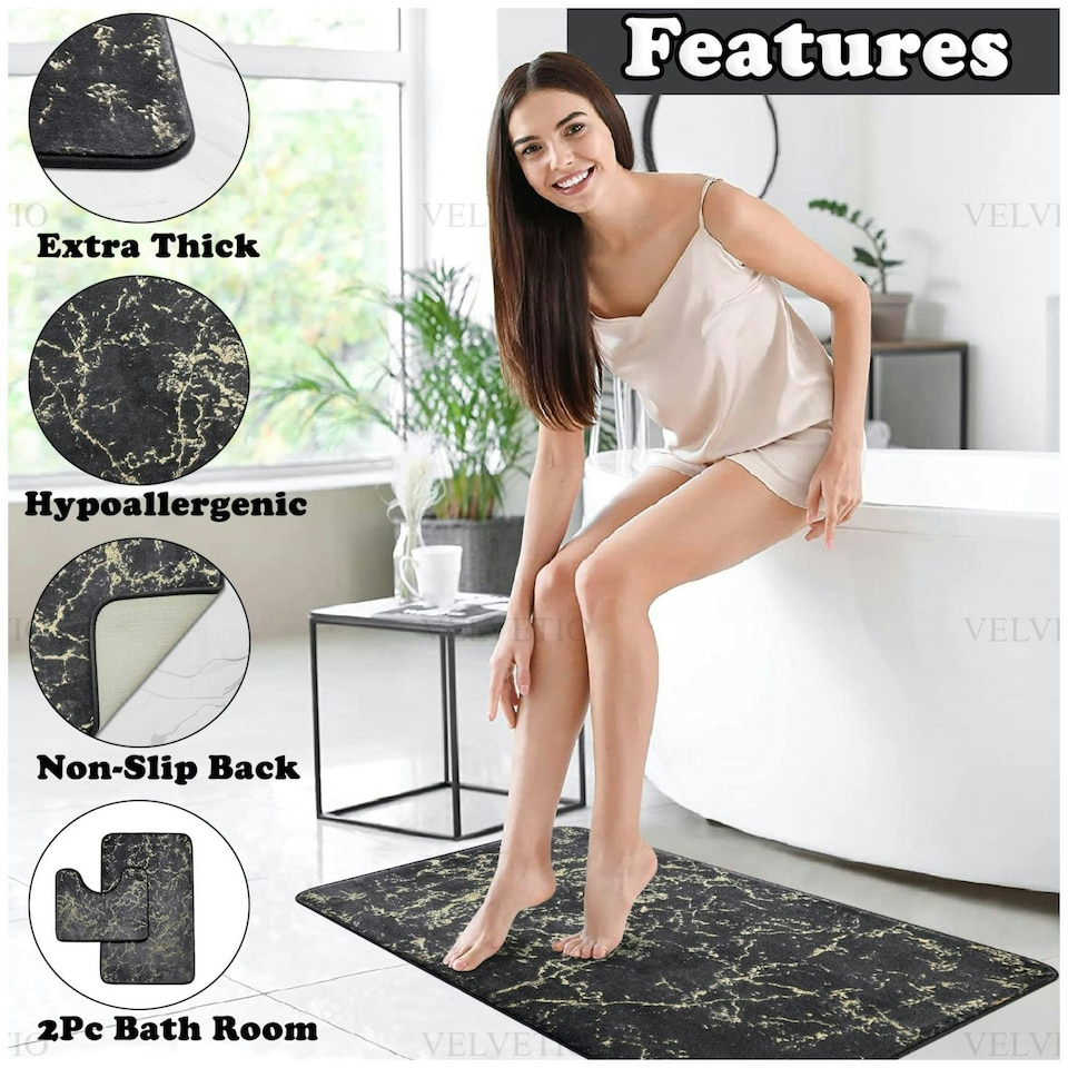 image 1 of VELVETIO Glitter Bath Mat Set Non Slip Water Absorbent Toilet Rugs Grey