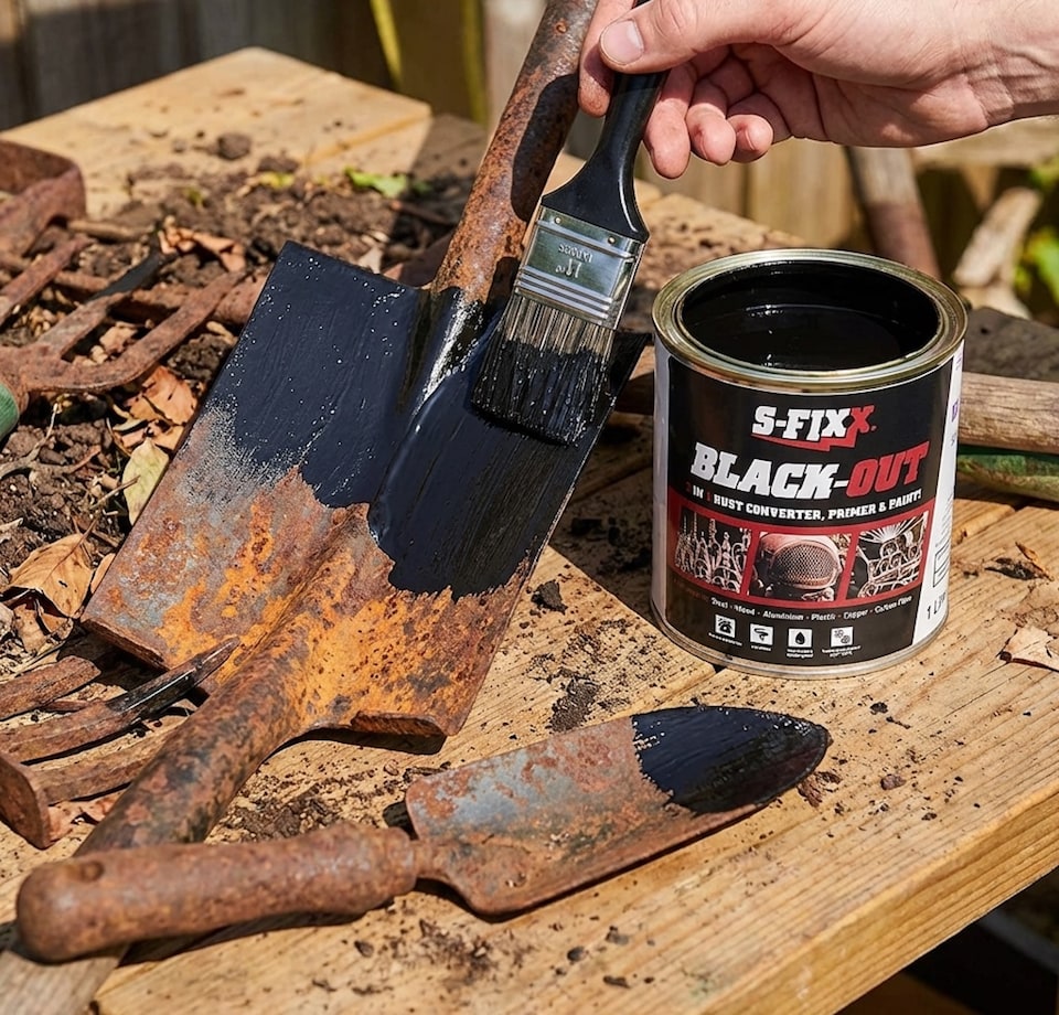 image 1 of S-FIXX BLACKOUT 3 in 1 RUST CONVERTER, PRIMER & PAINT 1LTR