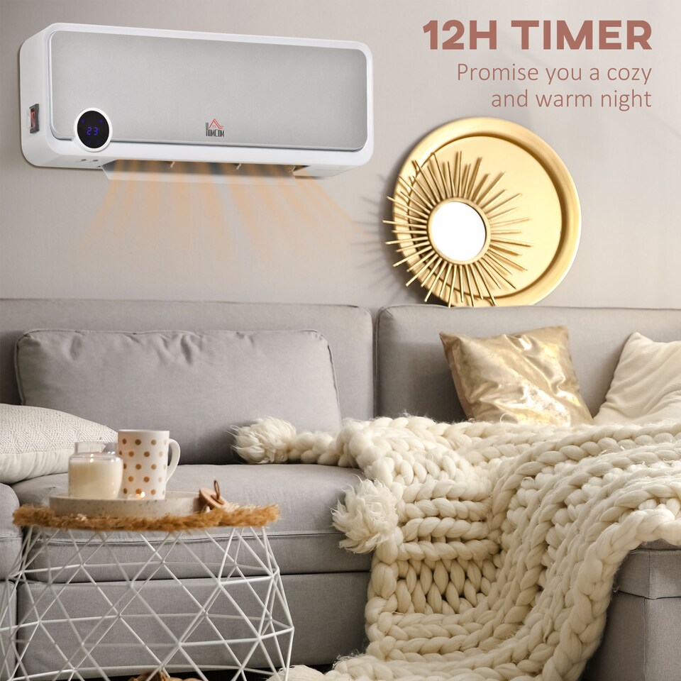 image 1 of HOMCOM Wall Downflow Heater 2 Heat and Fan 1000W2000W, Electric Space Heater with Timer Remote Oscillating, for Bedroom Home Office, White and Silver