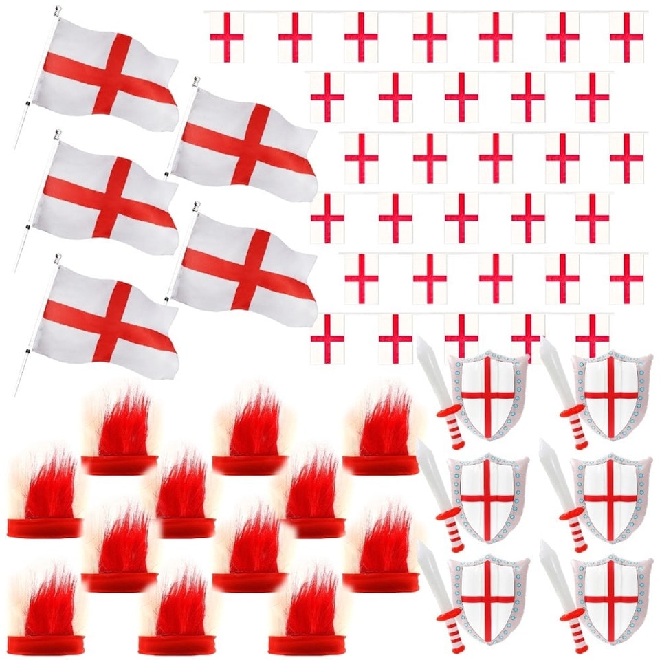image 1 of Pack of 1 28 Piece England Set - Flags, Bunting, Headbands & Inflatables Red | One Size