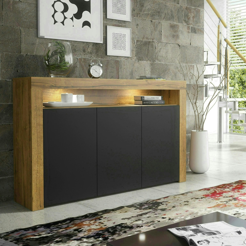 image 1 of Sideboard 155cm Black Matt Doors Oak Matt Body Free LED Display Shelf Multi | Oak & Black