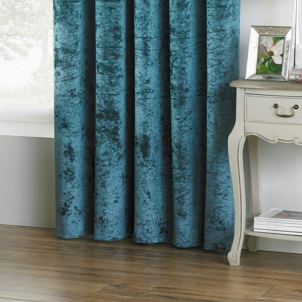 image 1 of Paoletti Verona Crushed Velvet Teal Eyelet Curtains 168 x 229cm