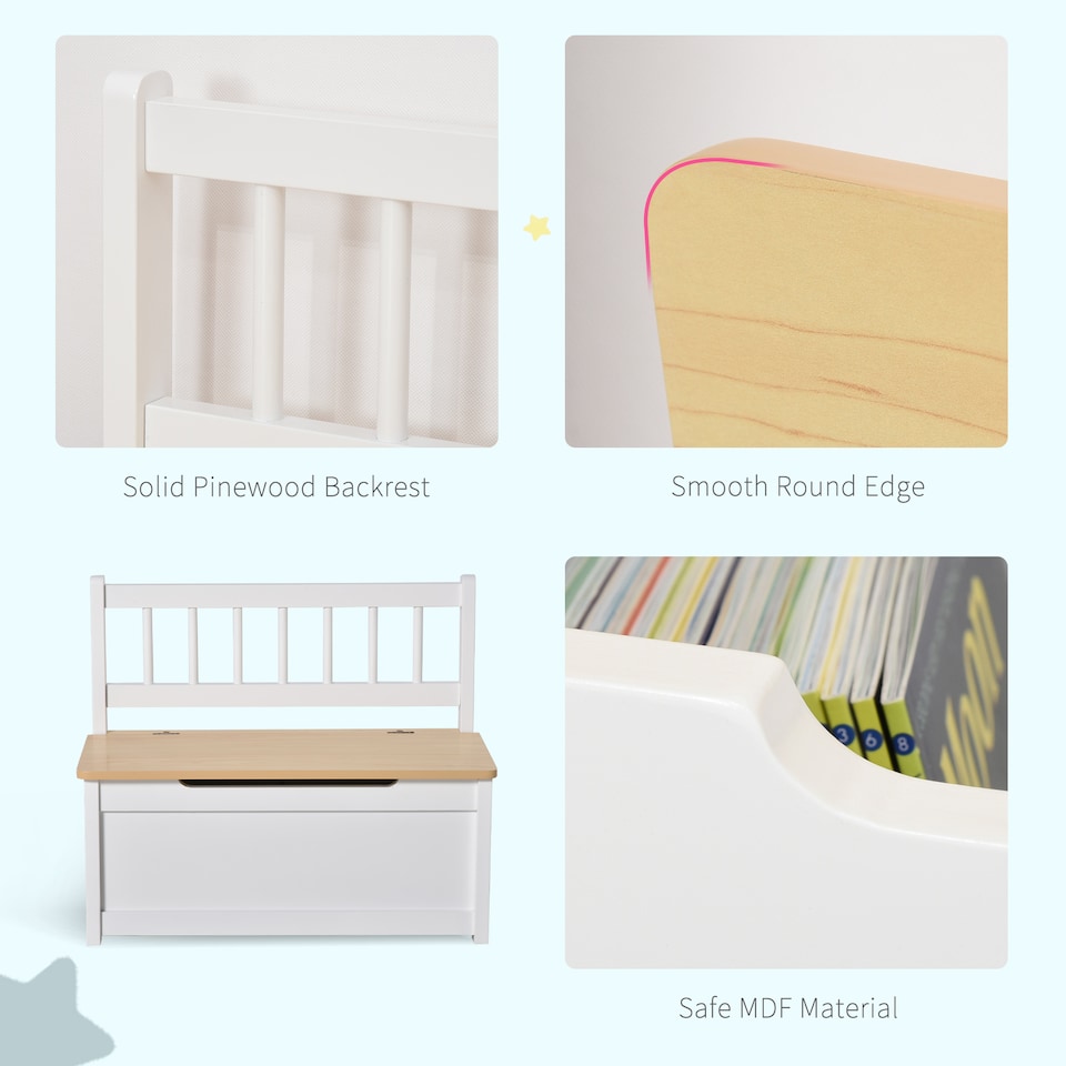 image 1 of HOMCOM 2 In 1 Wooden Toy Box, Seat Bench Storage Chest w Pneumatic Rod | White