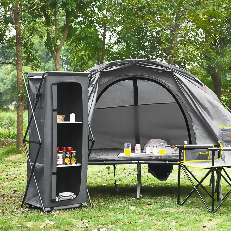 image 1 of COSTWAY 3 Tier Folding Cupboard 139cm Camping Storage Table Grey
