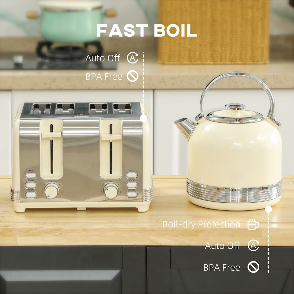image 1 of HOMCOM Stainless Steel Kettle and Toaster Set, 1.7L 3000W Cordless Fast Boil Kettle, 4 Slice Toaster Kitchen Set with 7 Level Browning Controls, Defrost, Reheat and Crumb Tray, Cream White