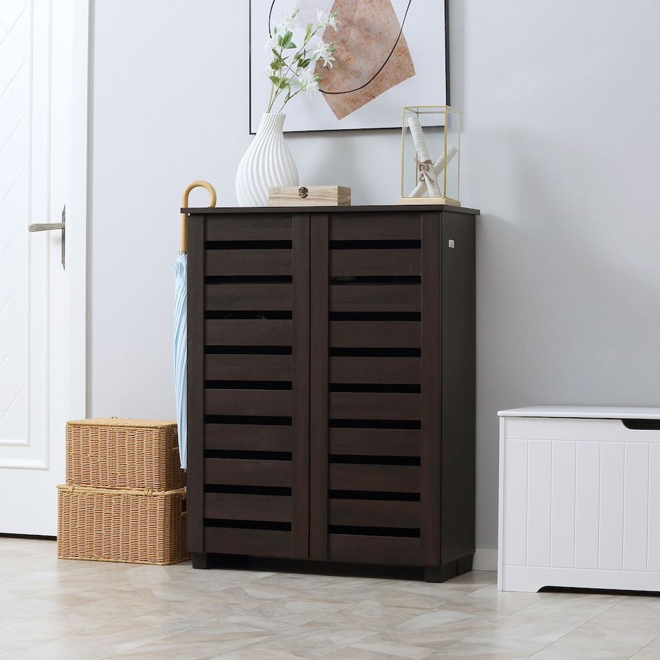 image 1 of HOMCOM Narrow Shoe Cabinet for Entryway, 5-Tier Slim Shoe Storage Cabinet with 2 Slatted Doors and Adjustable Shelves for 15 Pairs, Dark Brown | Brown