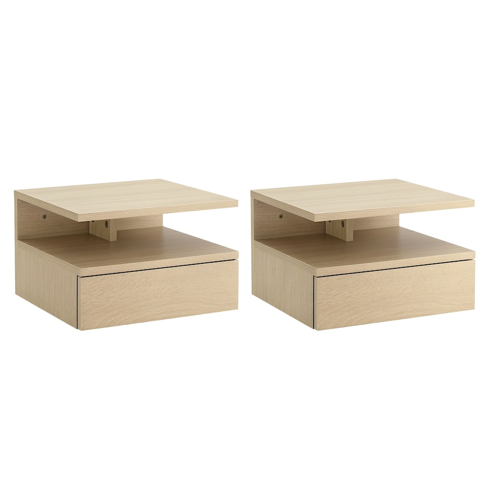 image 1 of HOMCOM Nightstand Set of 2, Wall Mounted Bedside Cabinet, Oak Tone