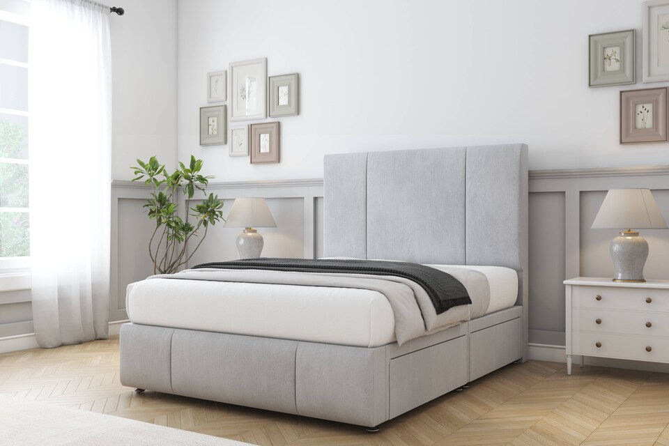 image 1 of Sloomy Lisbon Silver Naples Divan Bed With Mattress No Drawers With 54" Floor Standing Headboard & 12" Matching Footboard 4'6 Double | Silver | Silver | Double | 1