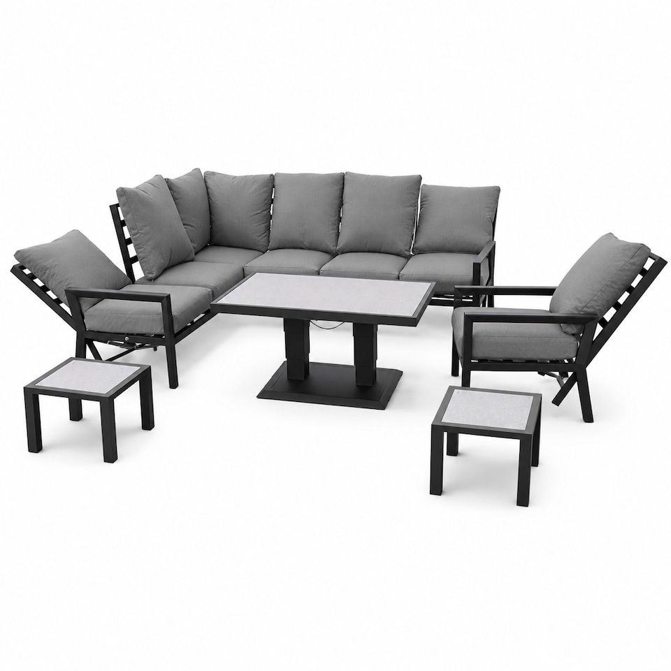 image 1 of Monte Carlo 7 Seater Aluminium Reclining Corner Garden Sofa Set with Gas Lift Table, Armchair & Grey Cushions
