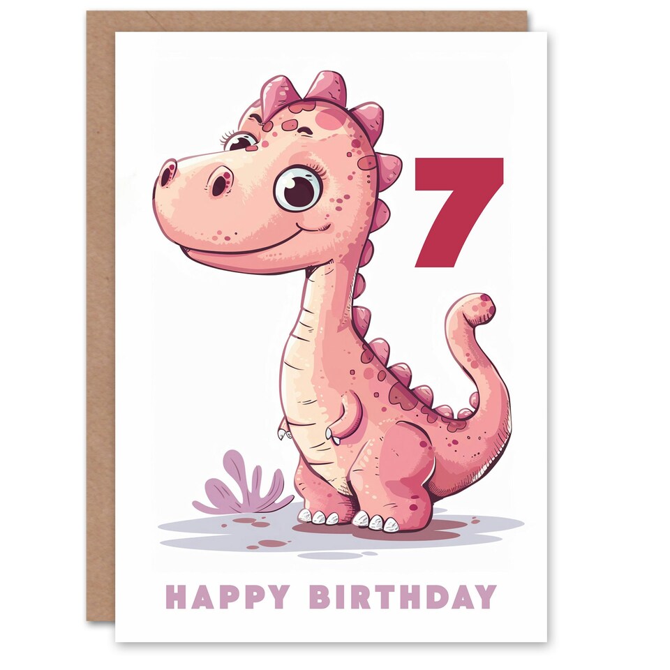 image 1 of Cute Pink Dinosaur Cartoon Age 7 Year Old Child Kids 7th Birthday Card