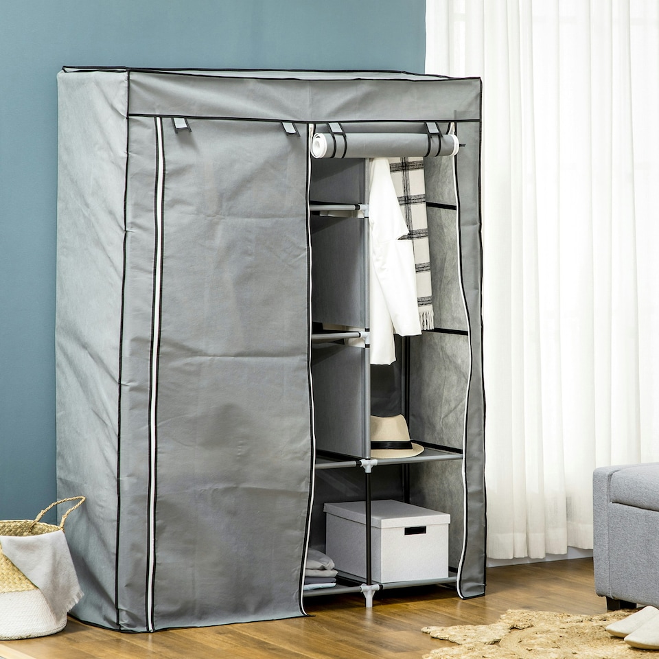 image 1 of HOMCOM Fabric Portable Wardrobe with 8 Shelves 2 Hanging Rails, Light Grey Grey