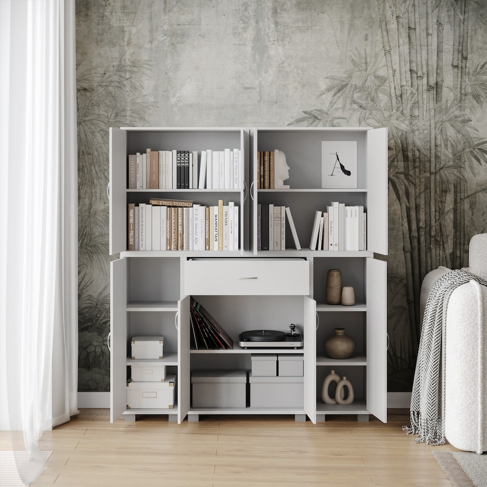 image 1 of Multi-Compartment Cabinet with 8 Doors and 1 Drawer | White | 1