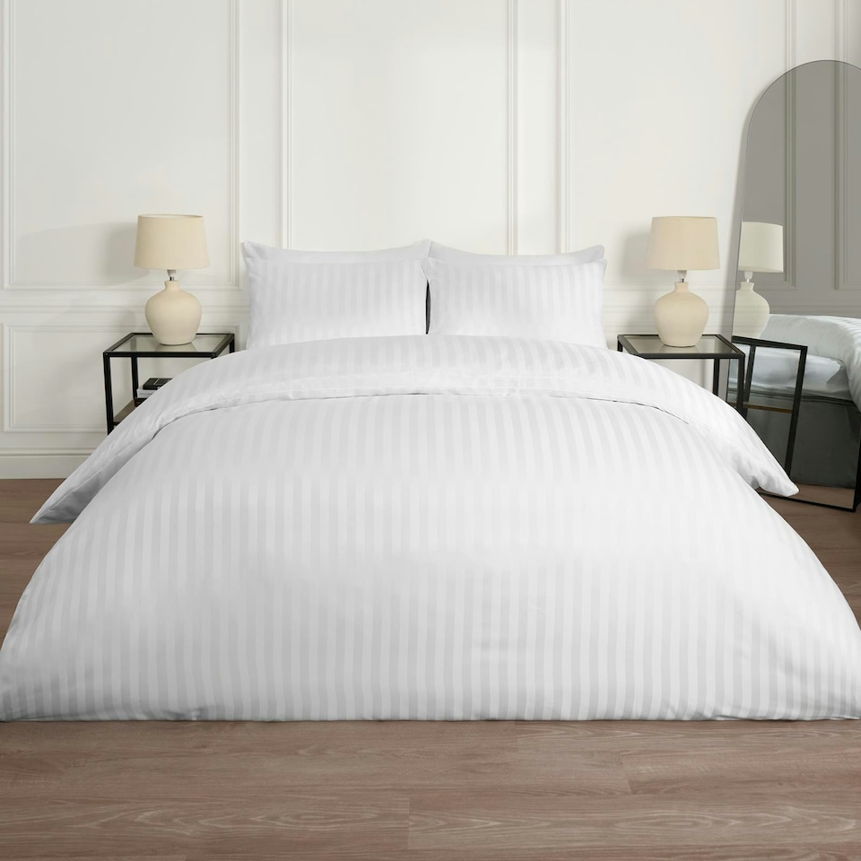 image 1 of OHS Satin Stripe Hotel Quality Duvet Cover and Pillowcase Set, King - White