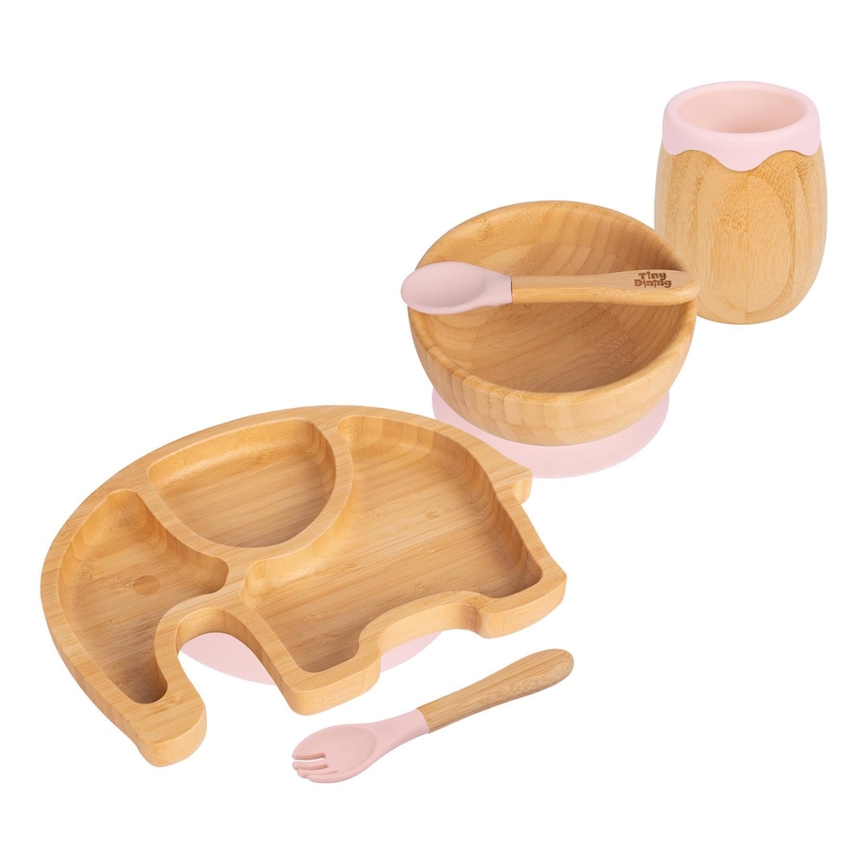 image 1 of Tiny Dining 5pc Bamboo Elephant Baby Weaning Set - Pastel Pink