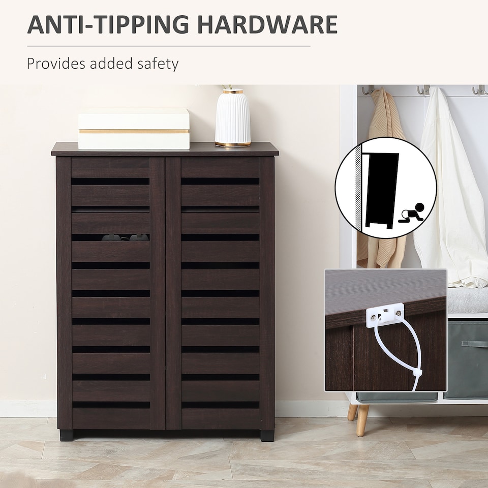 image 1 of HOMCOM Narrow Shoe Cabinet for Entryway, 5-Tier Slim Shoe Storage Cabinet with 2 Slatted Doors and Adjustable Shelves for 15 Pairs, Dark Brown | Brown