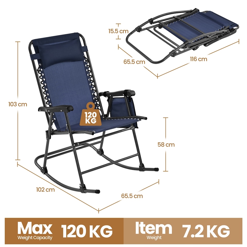 image 1 of Yaheetech 65.5 cm W Foldable Rocking Lounger with Pillow-Navy Blue | Blue | Navy Blue | One Size | 1