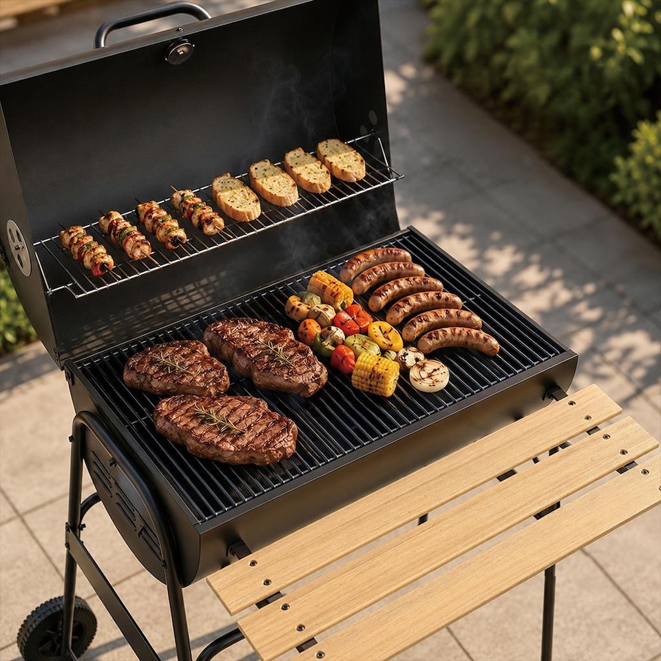 image 1 of BBQ Master XL Barrel Charcoal BBQ Grill Smoker Black with Shelf