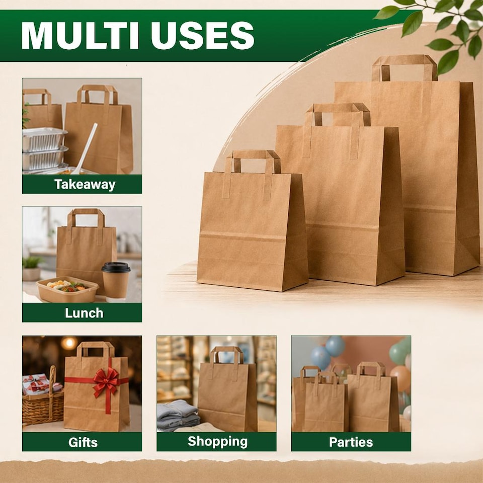 image 1 of ECONX Medium Brown Kraft Paper Bags With Handles 250pcs Biodegradable SOS Takeaway Party Carrier Bags