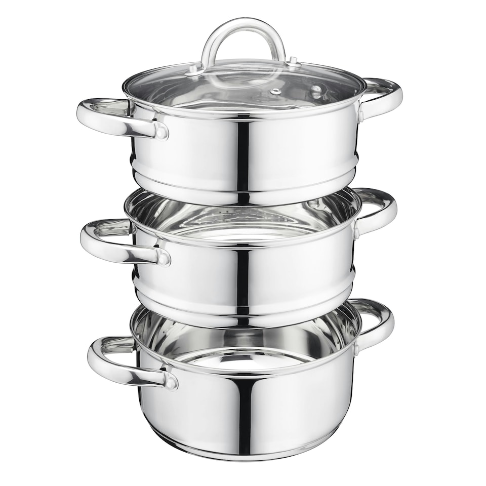 image 1 of Cooks Professional 3 Tier Stainless Steel Steamer Pan | Suitable for All Hobs Inc Induction | Dishwasher Safe | 22cm Diameter