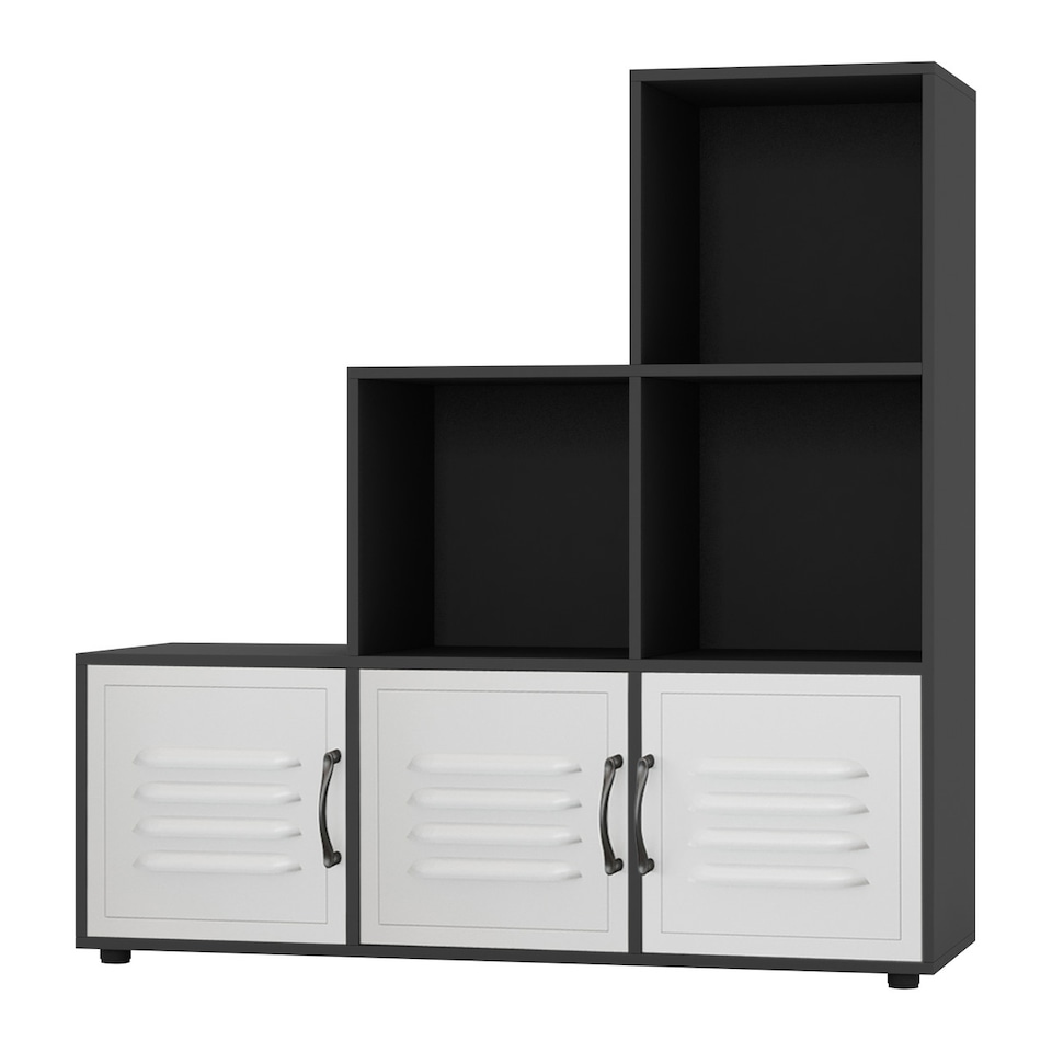 image 1 of 6-Cube Step Shelving Unit With Metal Doors | Black | Black & White | 1