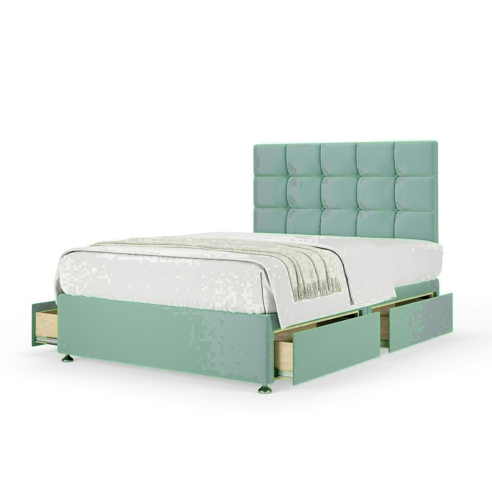 Duckegg Plush Velvet 4 Drawer Divan Base and Pearl Headboard King Size