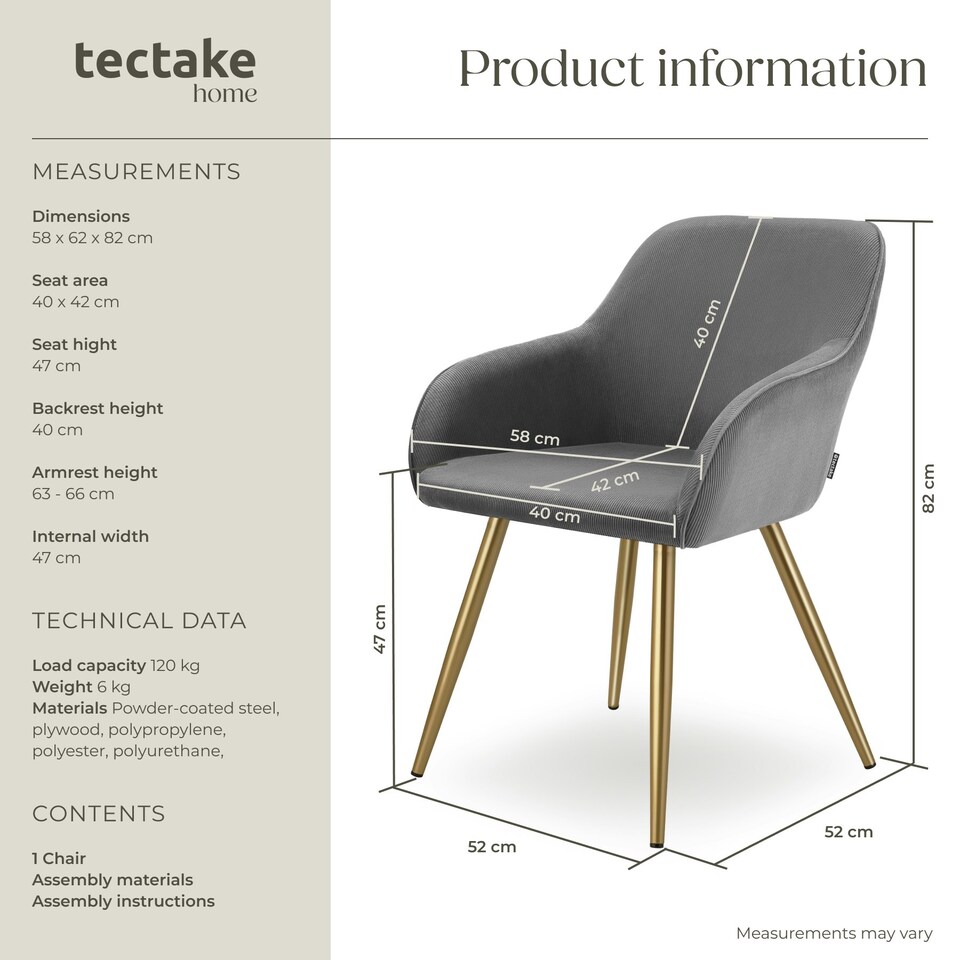 image 1 of Dining Chair Marilyn - corduroy look, upholstered, armchair, continuous backrest - per piece Grey | Grey/Gold