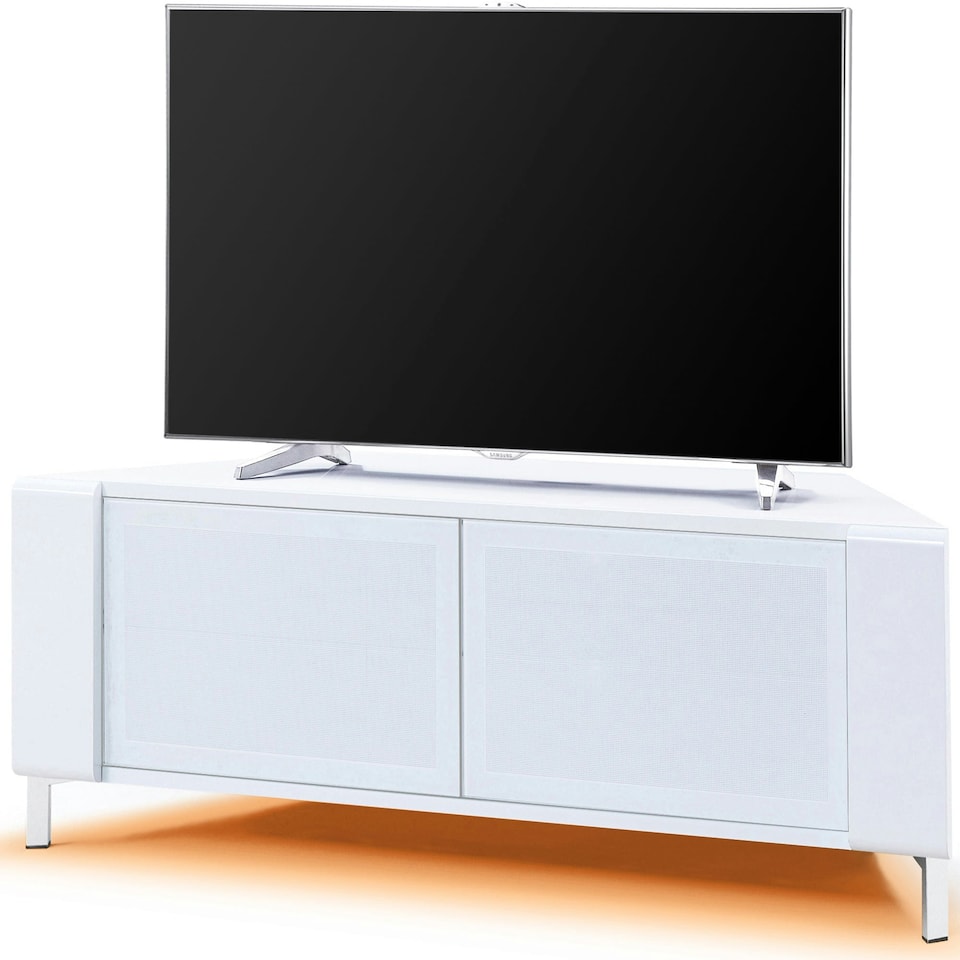 image 1 of MDA Designs CORVUS Corner-Friendly Gloss White Contemporary Cabinet with White BeamThru Glass Doors for Flat Screen TVs up to 50" with 16 Colour LED Lights White