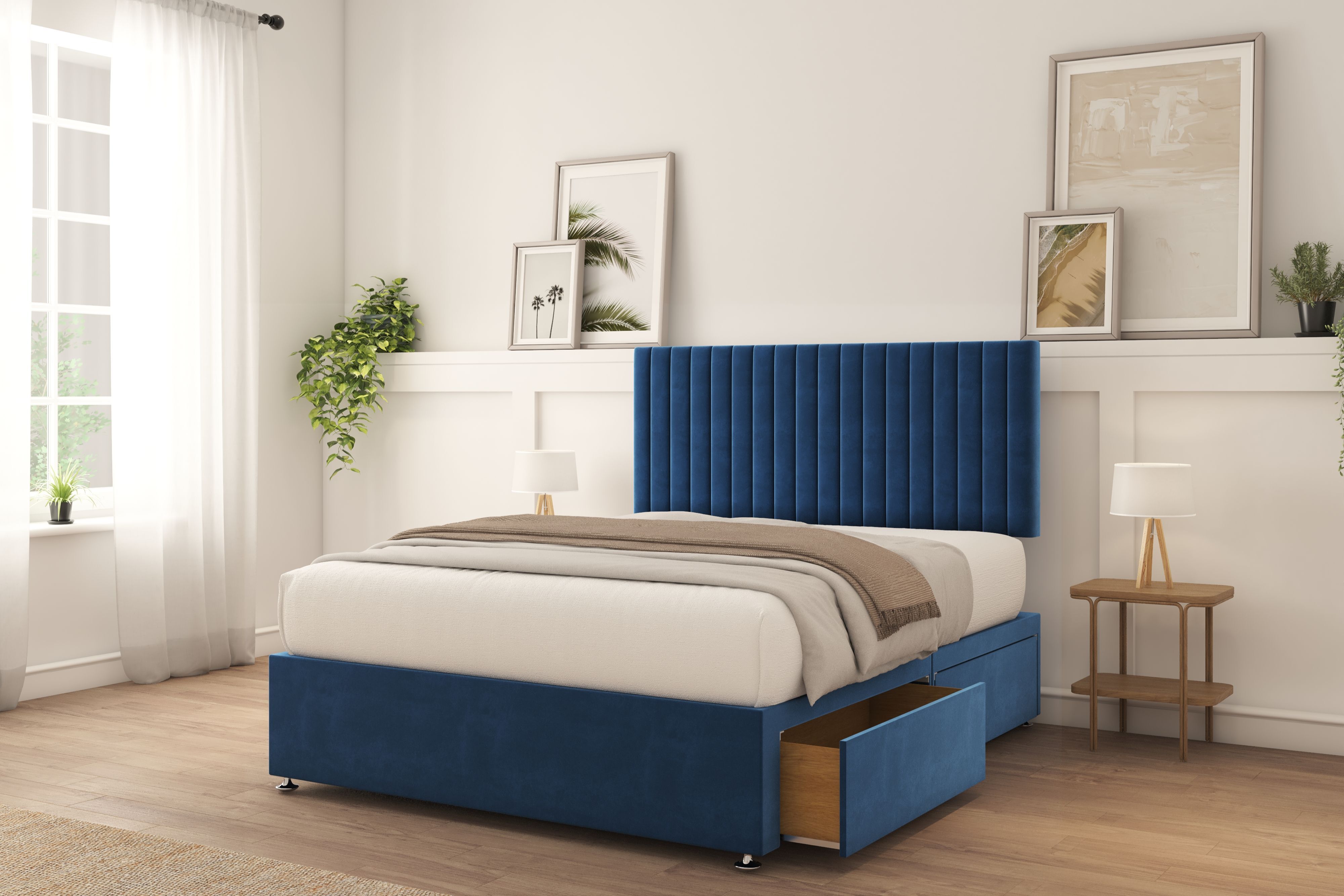 Sloomy Manhattan Navy Plush Divan Bed With Mattress 4 Drawers 26" Strutted Headboard 4' Small Double