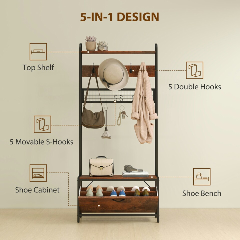 image 1 of HOMCOM Industrial Hall Tree Coat Rack Stand with Shoe Cabinet Brown | Black | 80W x 30D x 180H cm